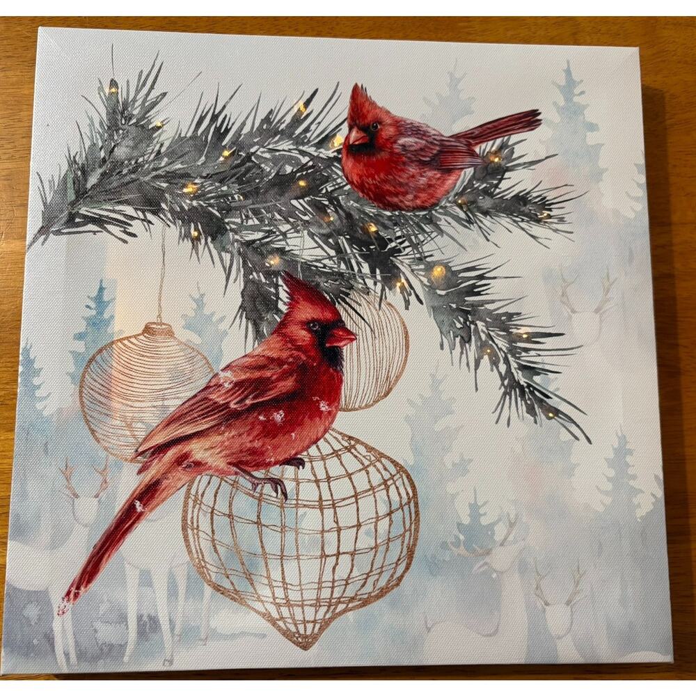 Lighted Cardinal Canvas Sign Winter Pine Tree Twinkle Light Christmas Wall Decor